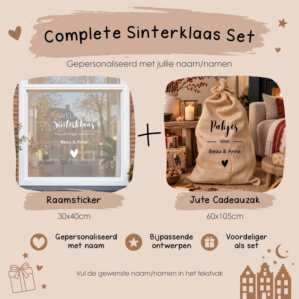 Complete Sinterklaas set met Welkom Sinterklaas raamsticker en jute cadeauzak met naam