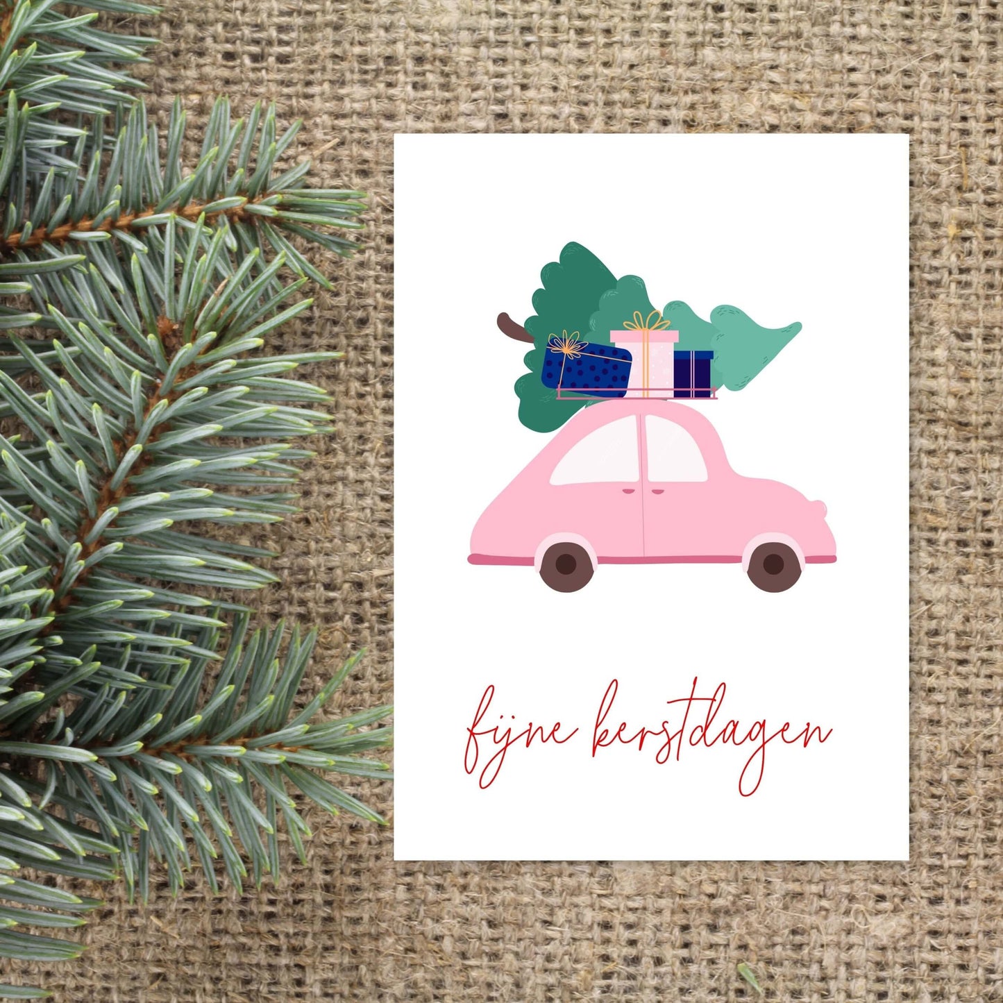 kerstkaart auto met kerstboom fijne kerstdagen
