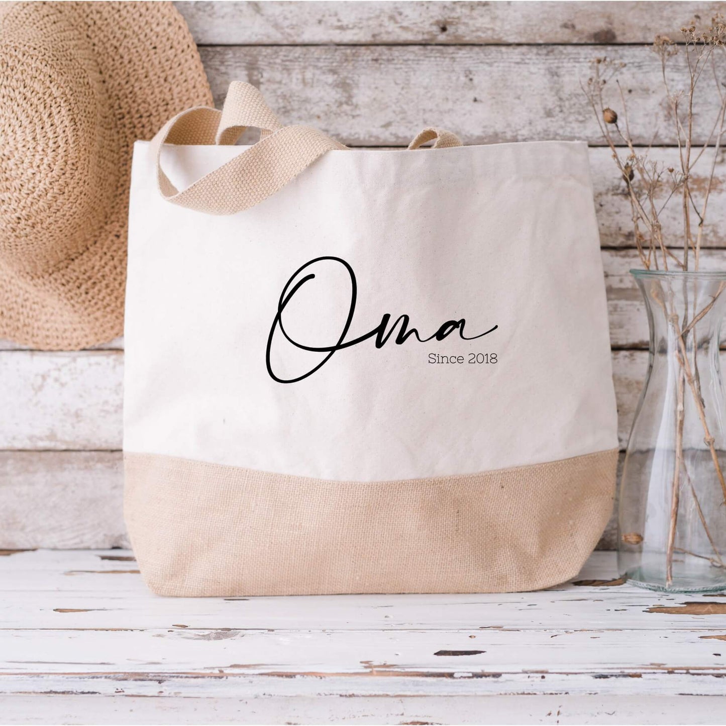 jute tas met oma en jaartal