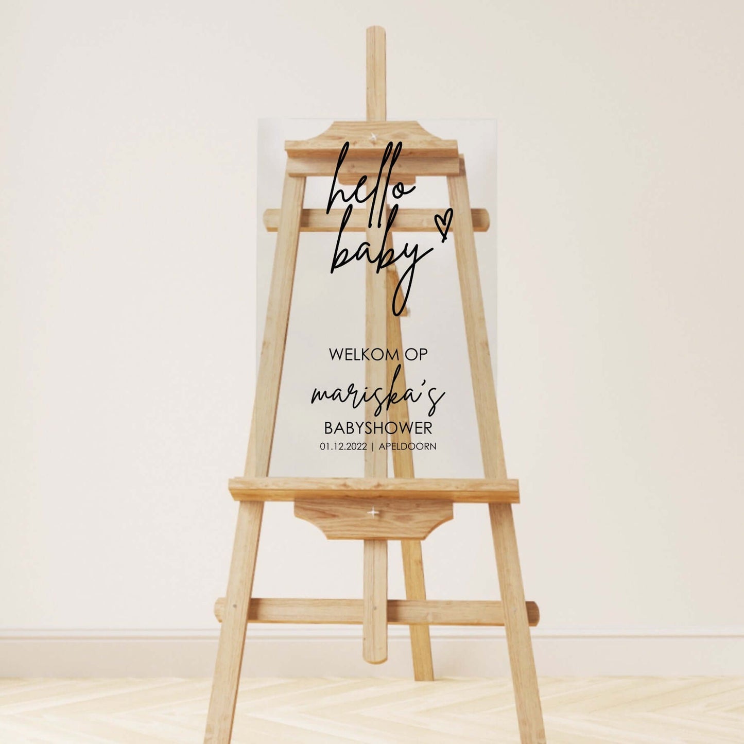 Welkomstbord Babyshower | Hello Baby | Hartje | Helder plexiglas