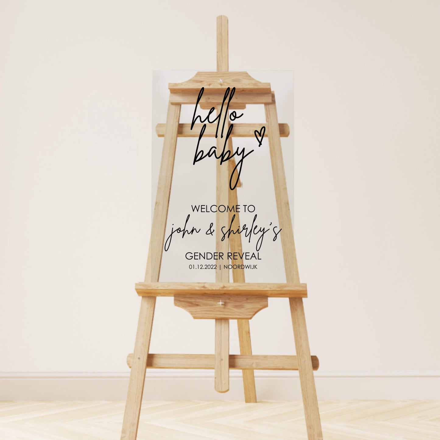 Welkomstbord Gender Reveal | Hello Baby | Hartje | Helder plexiglas