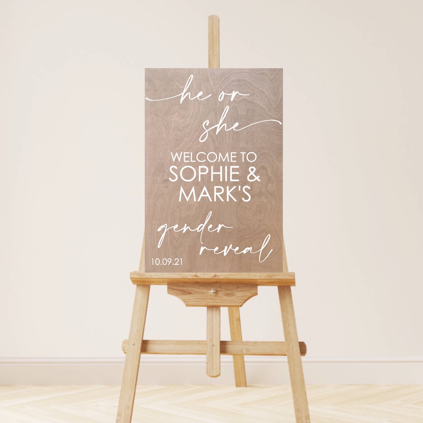 Welkomstbord gender reveal hout he or she