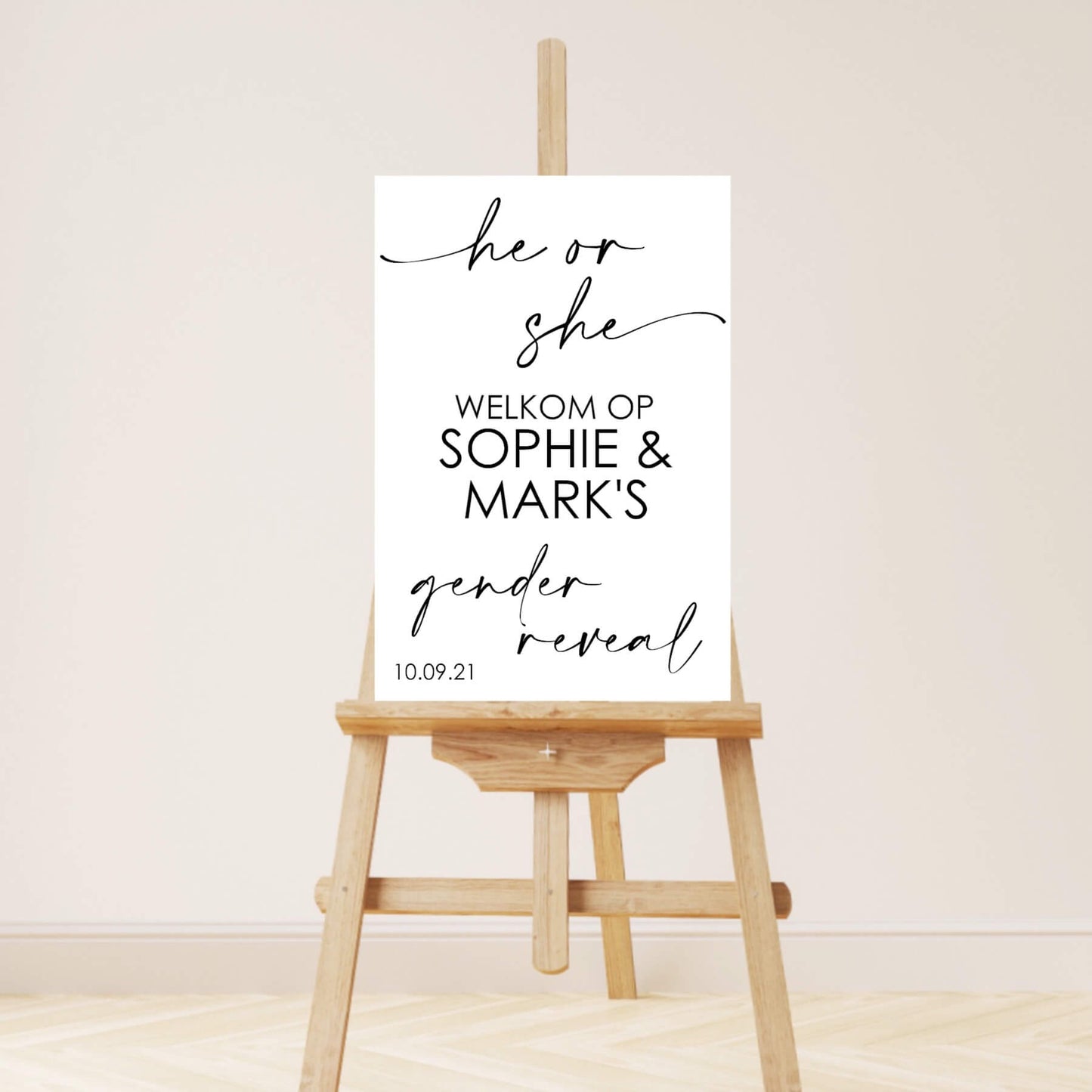 Welkomstbord gender reveal wit he or she nederlands