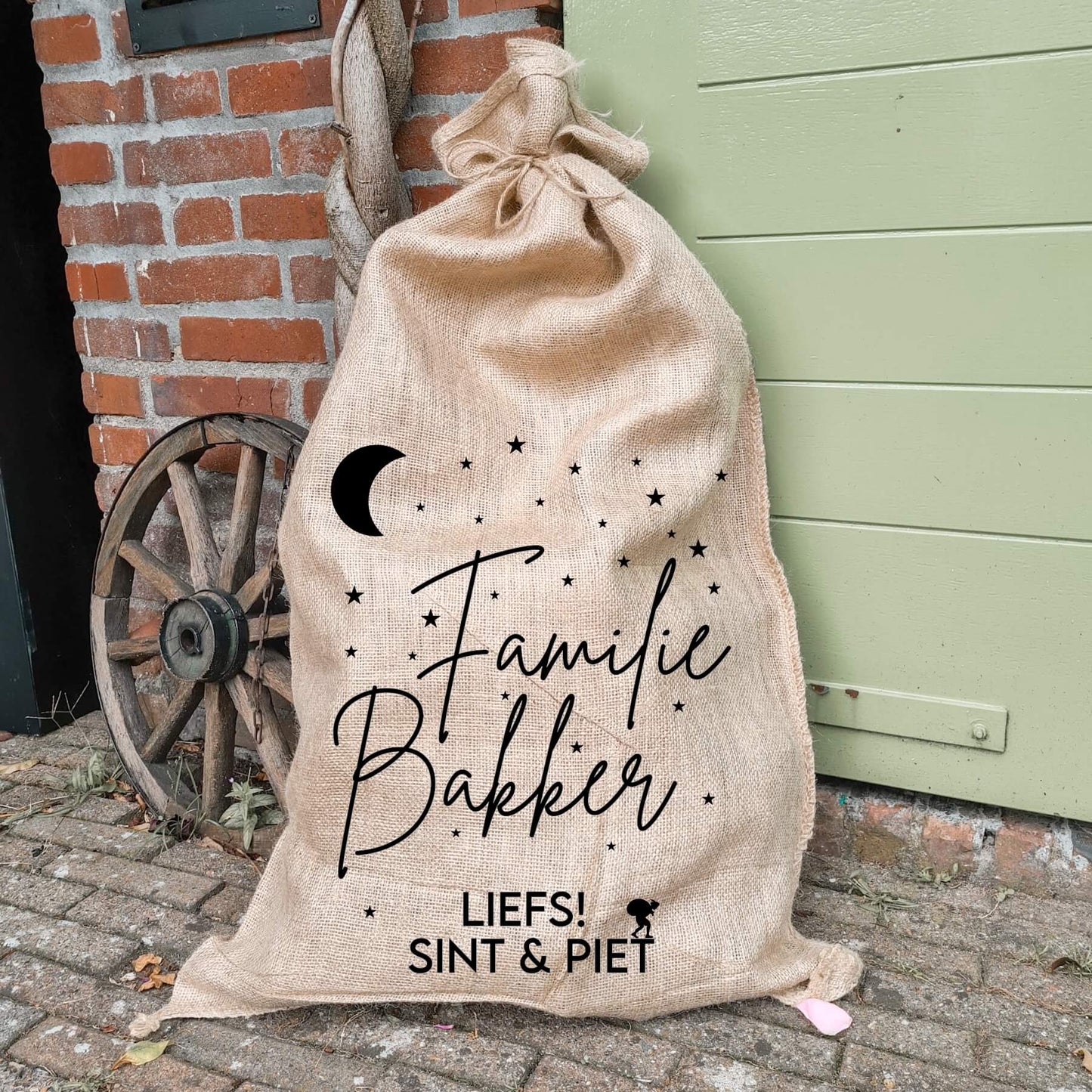 jute zak van sinterklaas met naam liefs sint en piet