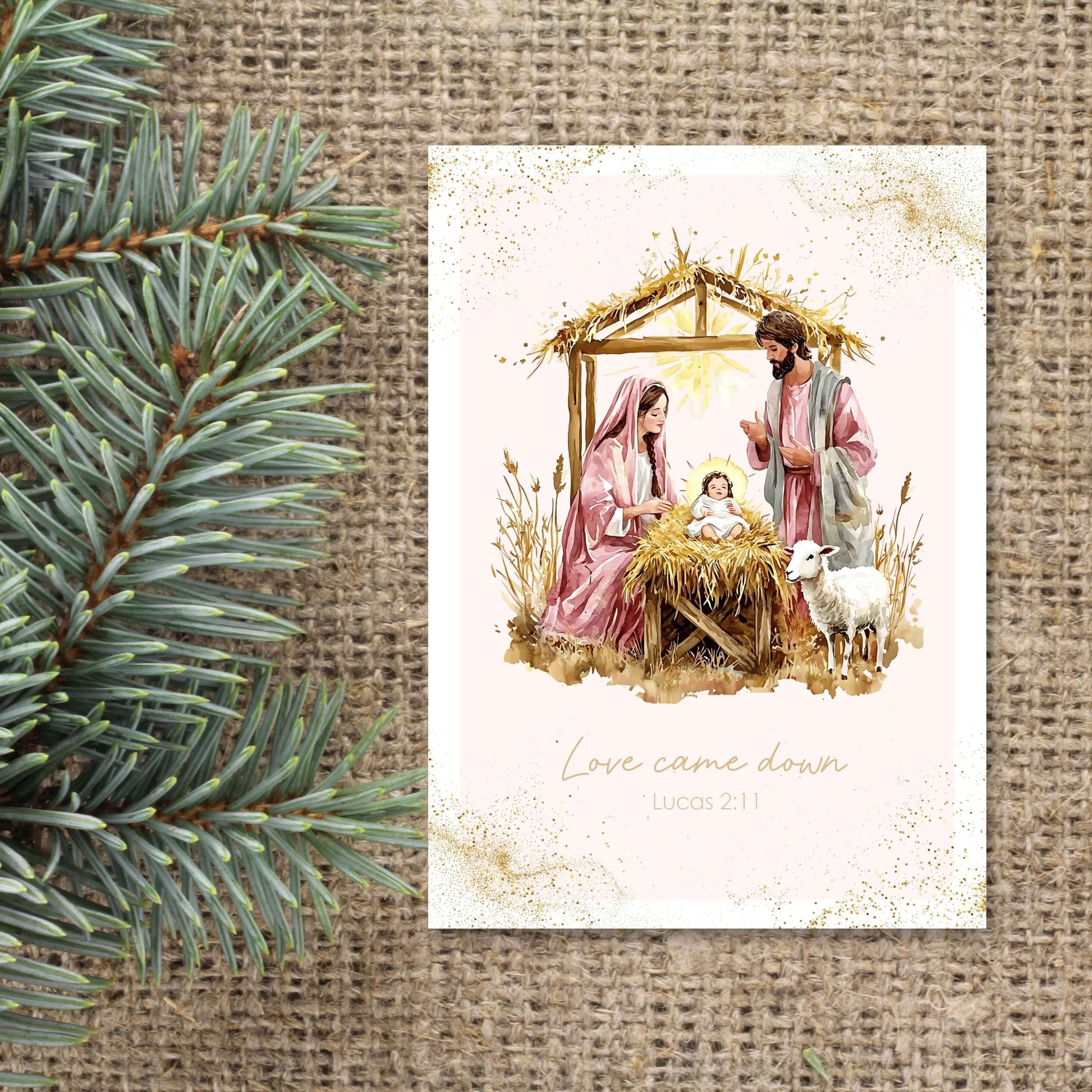 Christelijke kerstkaart jozef en maria in de stal met baby Jezus