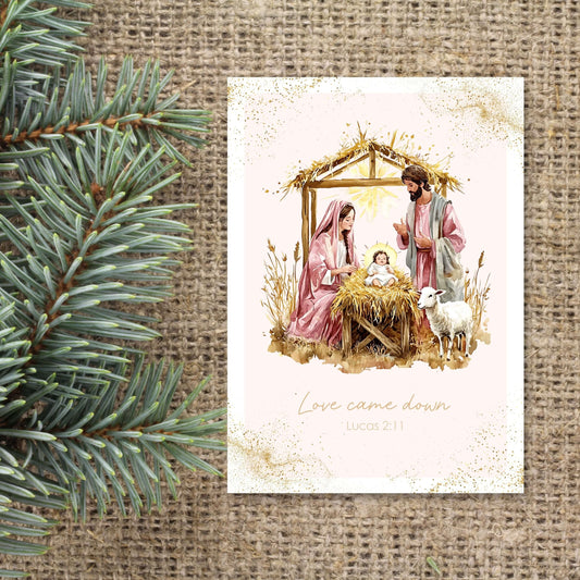 Christelijke kerstkaart jozef en maria in de stal met baby Jezus