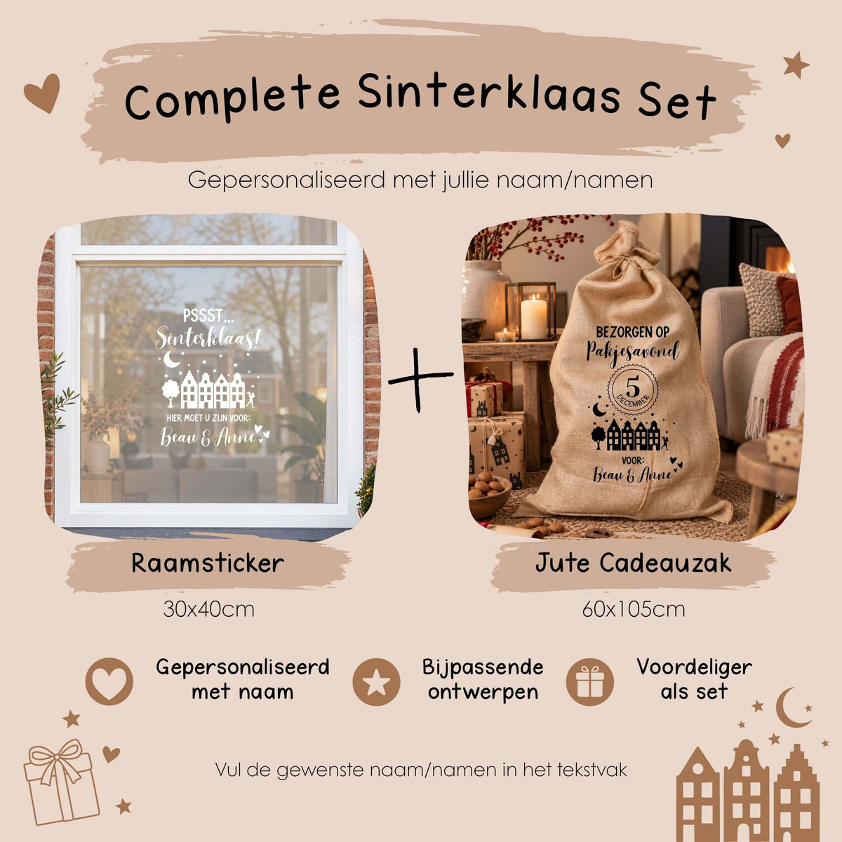 Complete Sinterklaas set met gepersonaliseerde raamsticker en jute cadeauzak