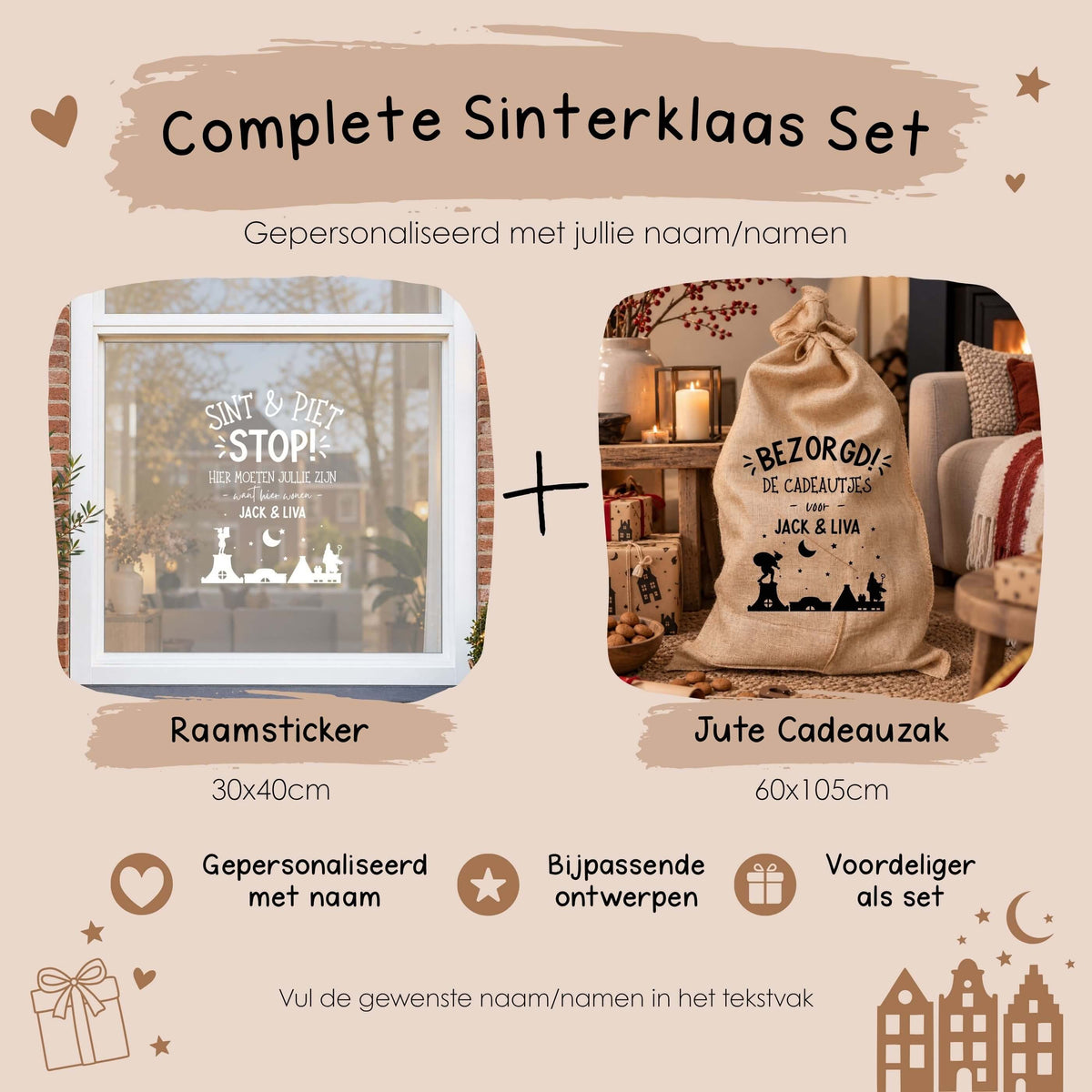 Complete Sinterklaas set STOP en BEZORGD met raamsticker en jute cadeauzak met naam