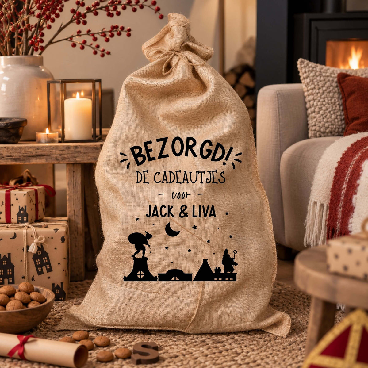 Gepersonaliseerde jute Sinterklaas zak BEZORGD de cadeautjes voor met naam
