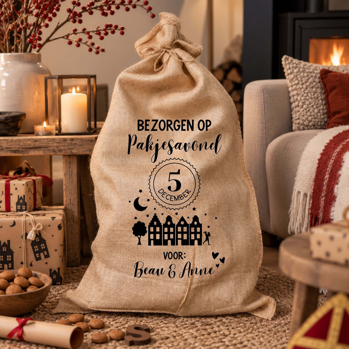 Gepersonaliseerde jute Sinterklaas cadeauzak met naam voor pakjesavond