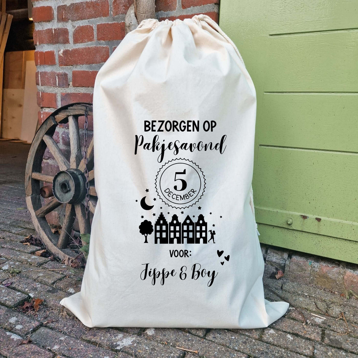 Katoenen Sinterklaas zak met persoonlijke Bezorgen op Pakjesavond opdruk