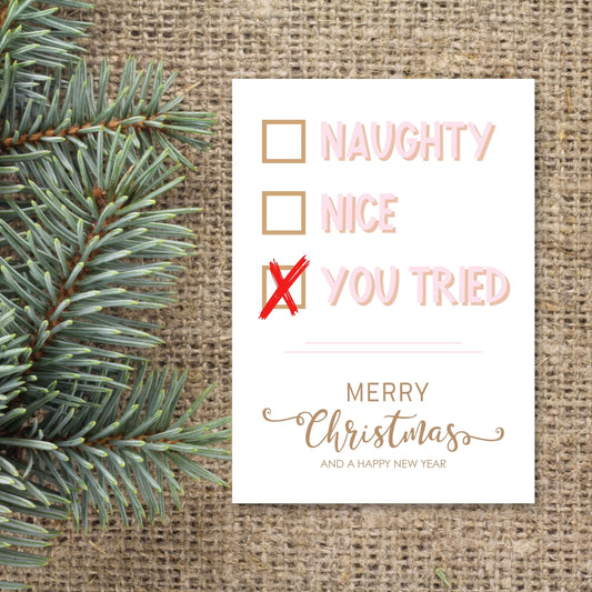 kerstkaart naughty, nice, you tried