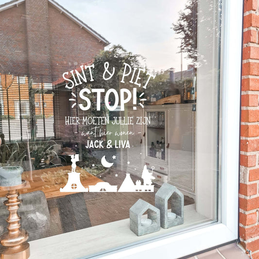 Gepersonaliseerde raamsticker Sinterklaas Sint en Piet STOP met naam