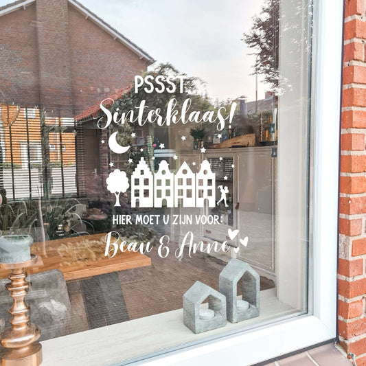 Gepersonaliseerde raamsticker Sinterklaas Pssst met naam op het raam