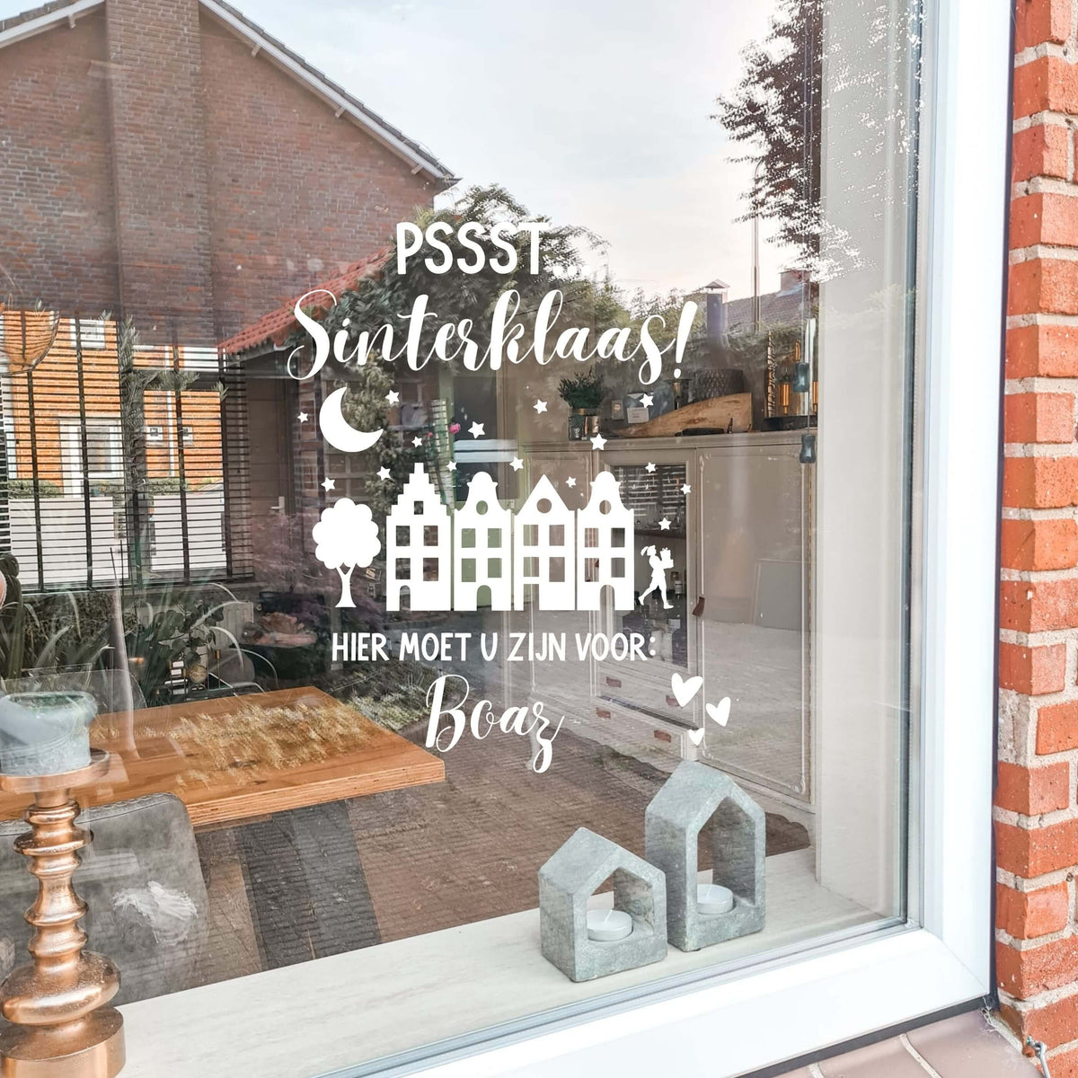 Witte Sinterklaas raamsticker met naam en grachtenpandjes