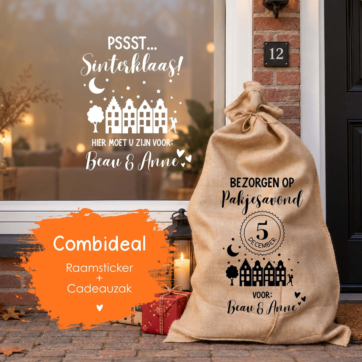 Gepersonaliseerde Sinterklaas combideal met raamsticker en jute cadeauzak met naam