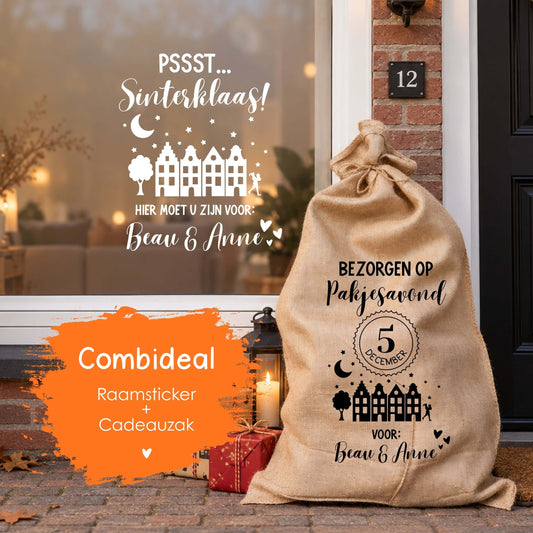 Gepersonaliseerde Sinterklaas combideal met raamsticker en jute cadeauzak met naam
