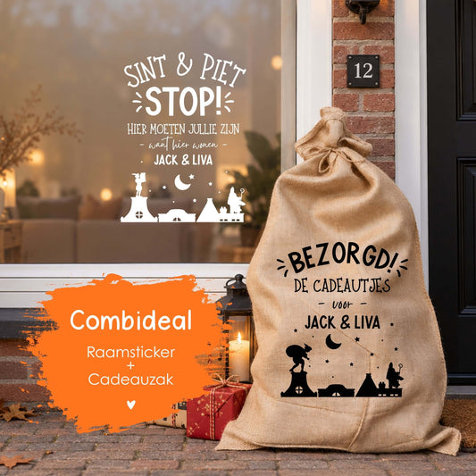 Sinterklaas combideal STOP en BEZORGD met gepersonaliseerde raamsticker en jute cadeauzak