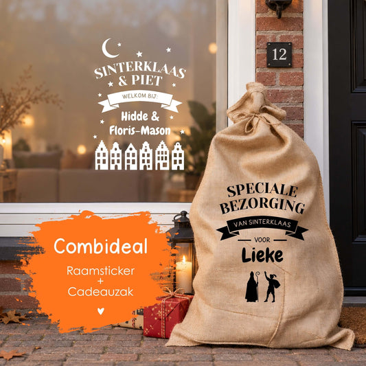 Gepersonaliseerde Sinterklaas combideal Speciale Bezorging met raamsticker en jute cadeauzak