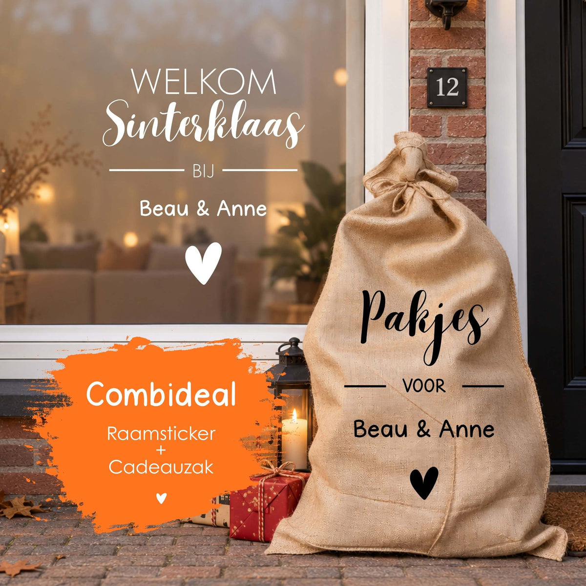 Gepersonaliseerde Sinterklaas combideal Welkom Sinterklaas met raamsticker en jute cadeauzak