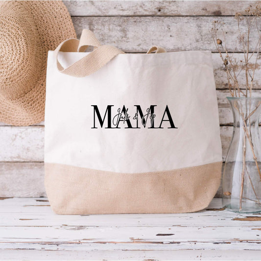 jute tas met mama met daarin de namen van de kinderen